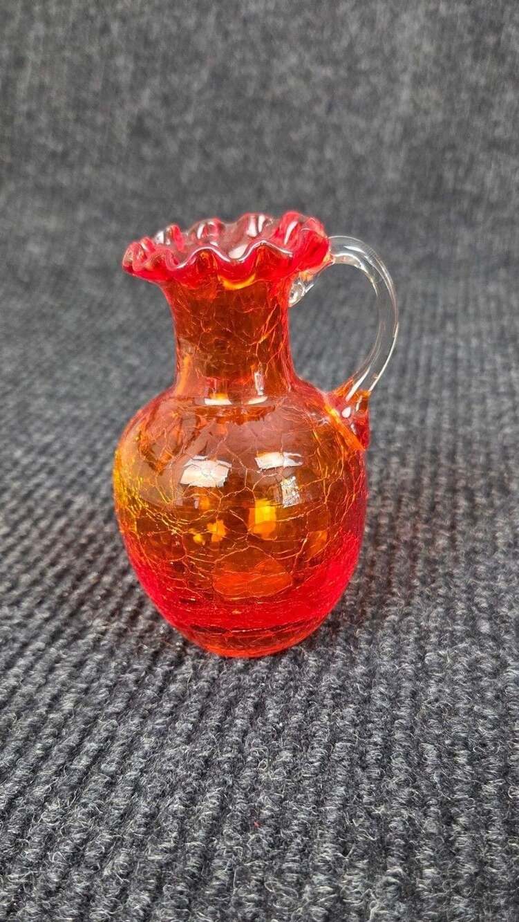 Vintage Amberina Orange Crackle Glass Pitcher Vase Ruffled Edge